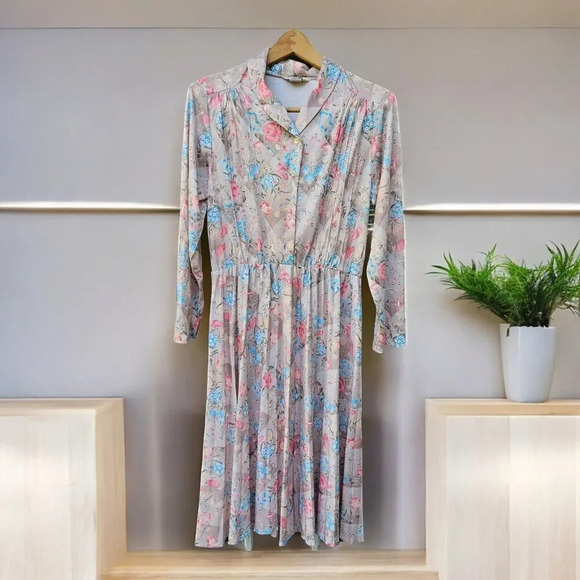 Vintage Sears Tan Beige Floral Dress Size L (38 Chest) No Belt Secretary Office - Picture 1 of 10